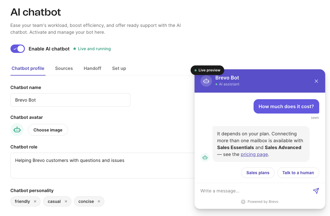 Chatbot IA Brevo répondant à une question client dans un widget de chat sur un site web