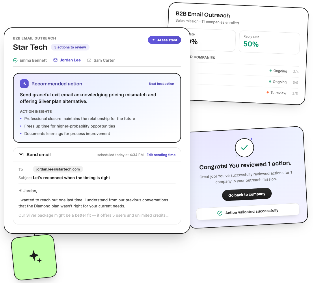 CRM : Missions affichant une action recommandée et un email de prospection rédigé par l'IA