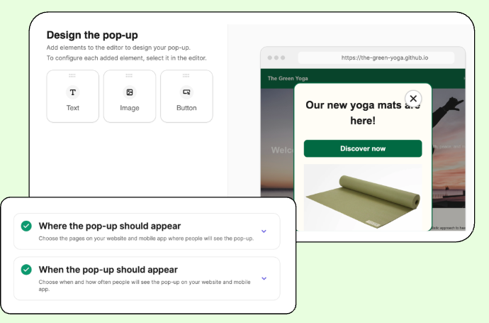 Éditeur de pop-up Brevo avec un aperçu en direct d'une pop-up promotionnelle sur un site web